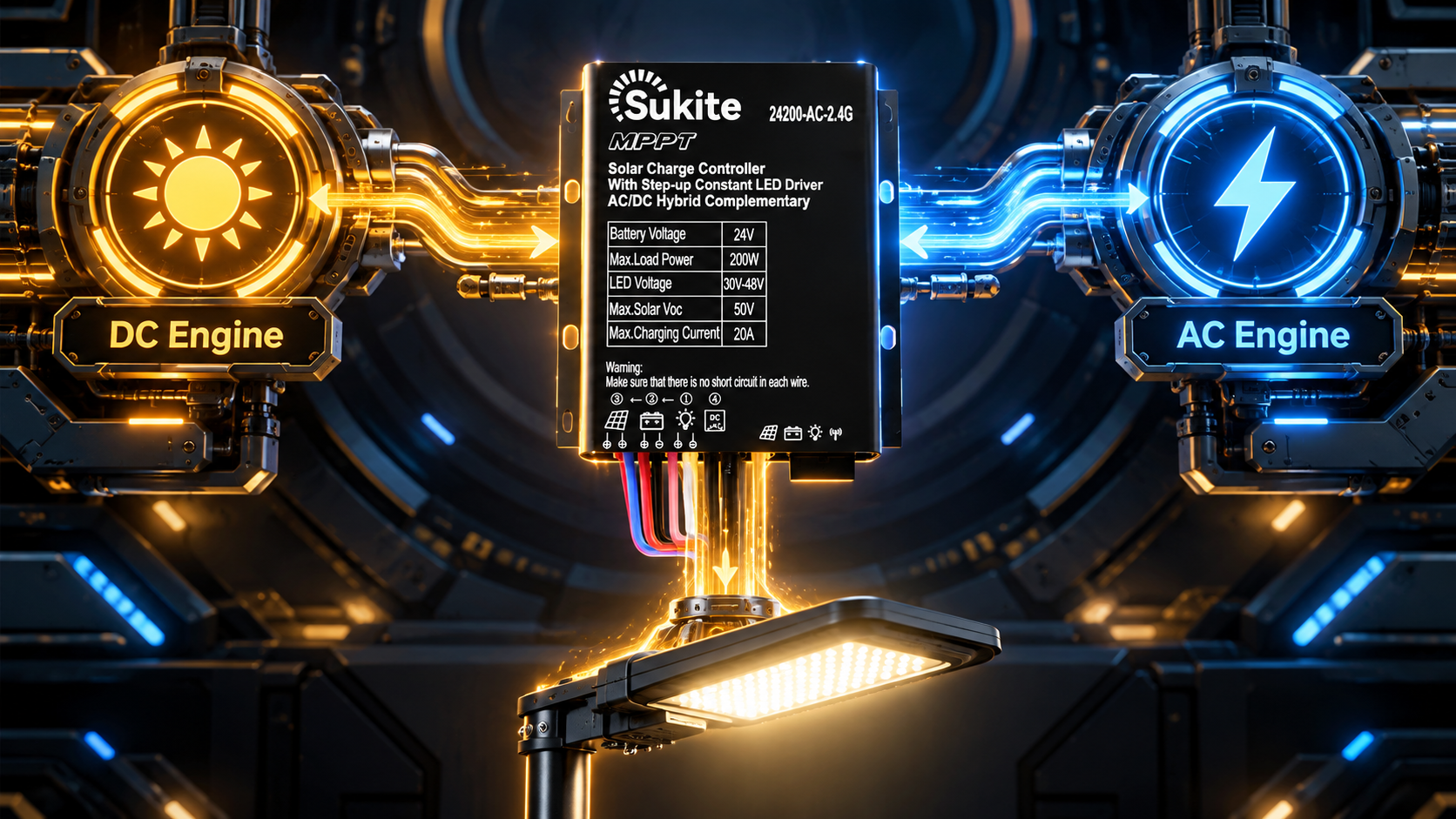 Sukite 24200-AC-2.4G MPPT Solar Charge Controller: AC/DC Hybrid Complementary Design for 200W High-Power Uninterrupted Off-Grid Lighting