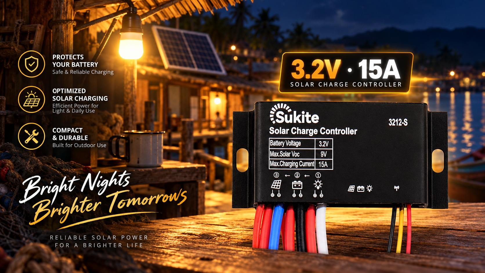 Sukite 3212-S Solar Charge Controller: 3.2V System-Specific, 15A High Current for Portable and Off-Grid Lighting